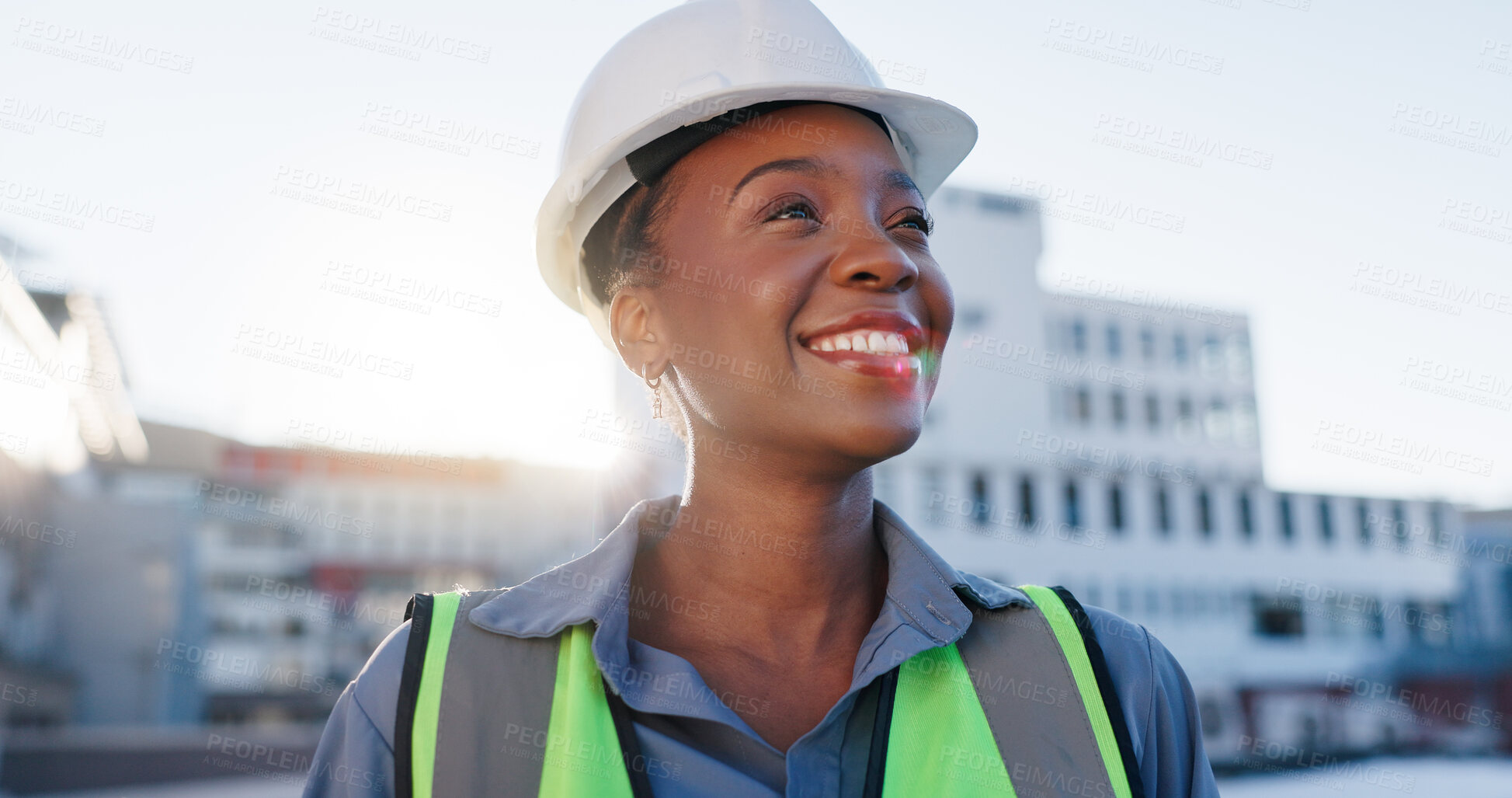 Buy stock photo Happy, black woman and civil engineer with vision in city for construction, industrial development or architecture. Young African female person or builder with helmet and smile for building or dream