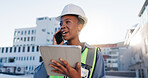 Tablet, phone call and construction woman on site with communication for contract city planning. Digital technology, industry and civil engineer worker with mobile discussion for renovation approval