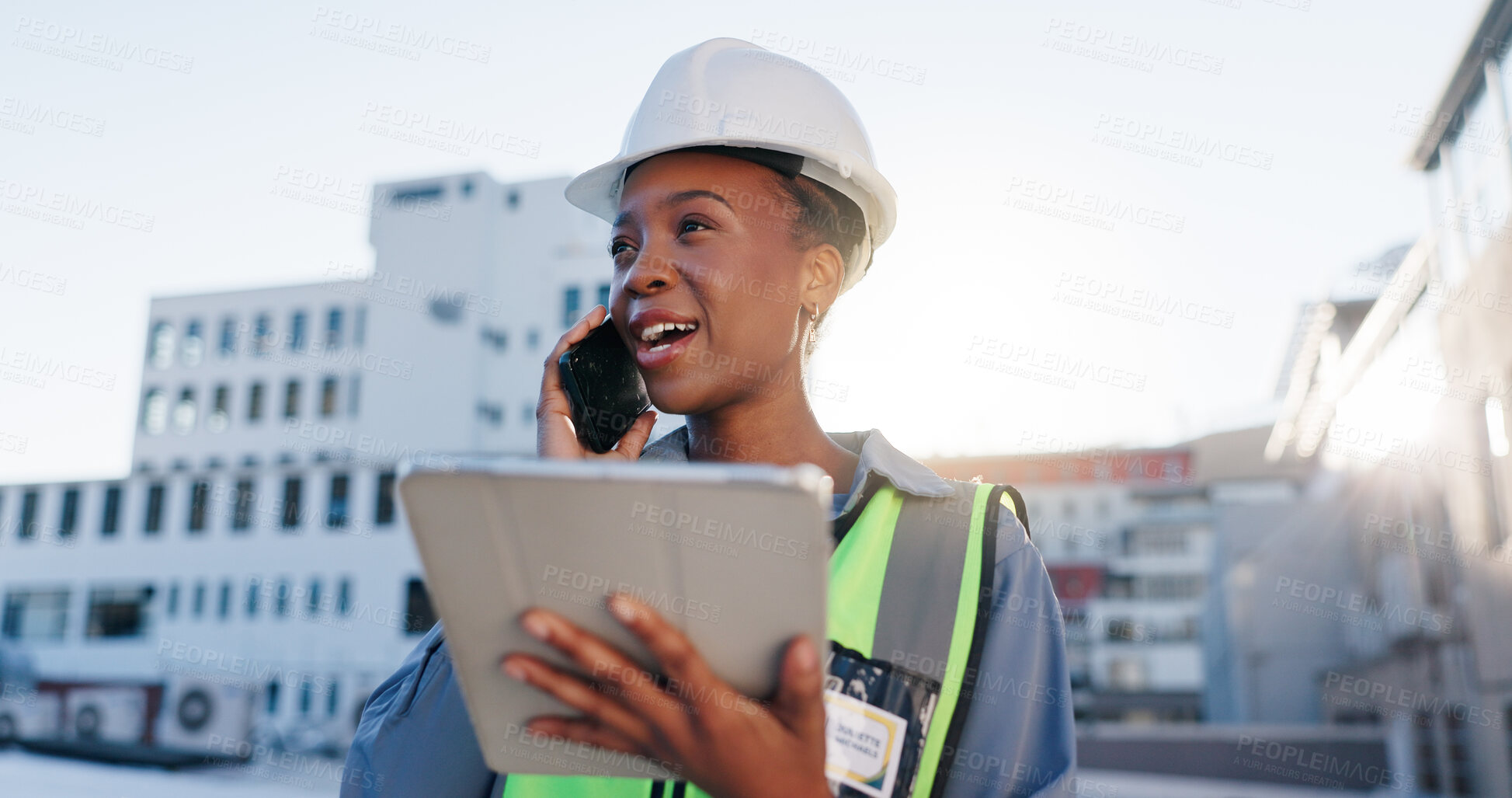 Buy stock photo Tablet, phone call and construction woman on site with communication for contract city planning. Digital technology, industry and civil engineer worker with mobile discussion for renovation approval