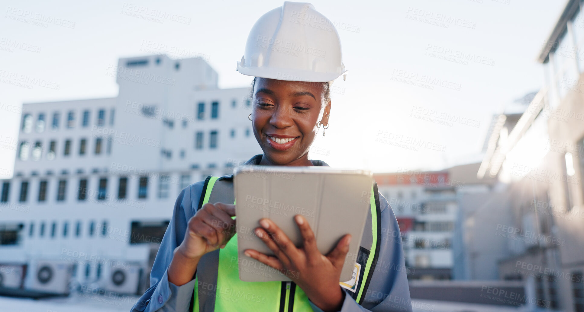 Buy stock photo Black woman, engineer and tablet on rooftop for construction planning, building maintenance and architecture. Contractor, typing and tech for project management in city for development feedback