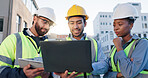 Tablet, laptop and construction engineers on site for city planning, maintenance or repairs. Discussion, contractor and team of civil employees with technology for renovation approval on town rooftop