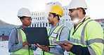 Laptop, team and construction engineers on site for city planning, maintenance or repairs. Discussion, contractor and group of civil employees with technology for renovation approval on town rooftop.