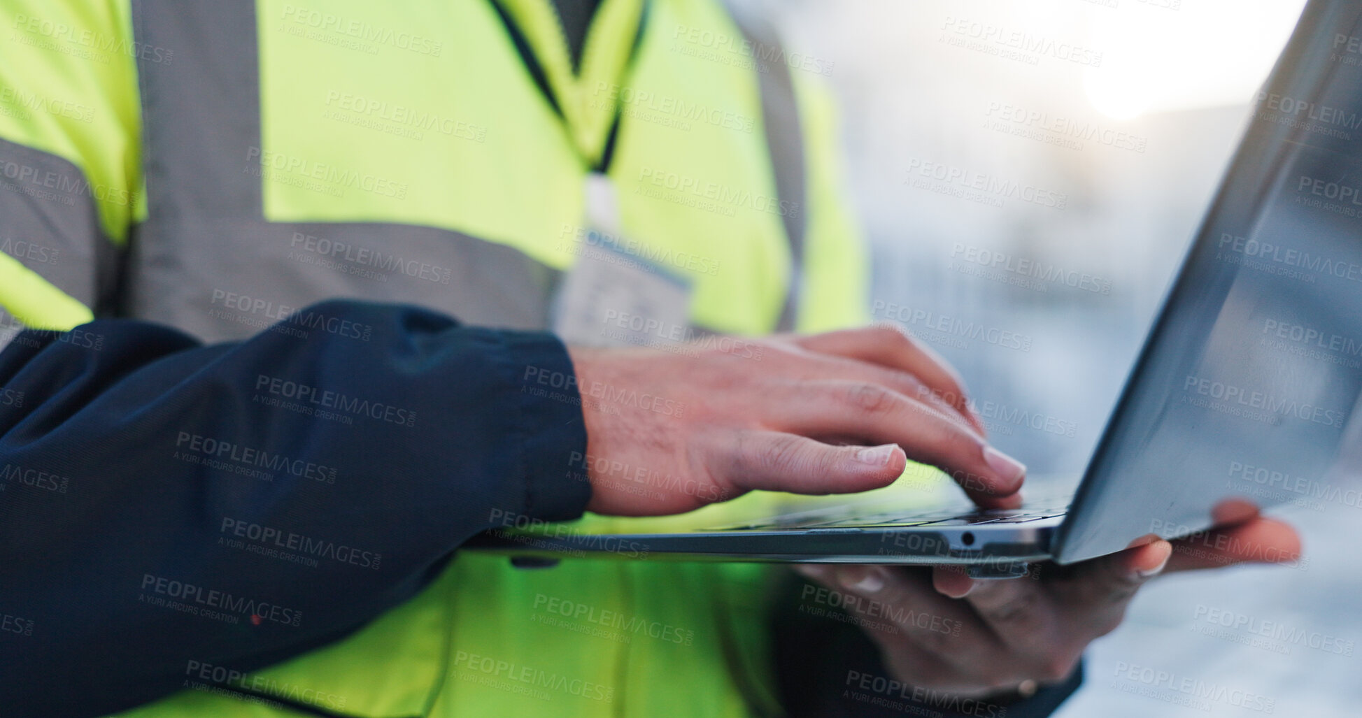 Buy stock photo Person, hands or laptop in city for construction planning, building maintenance or civil engineering. Engineer, man or computer for project management in town for infrastructure development feedback