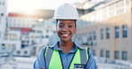 Construction worker, rooftop and black woman portrait with architecture and urban planning with success outdoor. Architect, civil engineering and smile in city with quality assurance work in Brazil