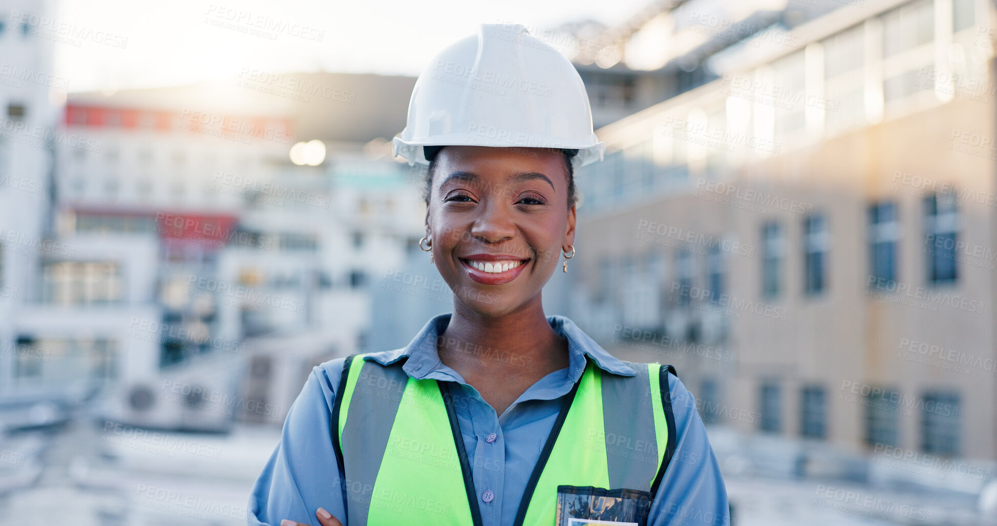 Buy stock photo Construction worker, rooftop and black woman portrait with architecture and urban planning with success outdoor. Architect, civil engineering and smile in city with quality assurance work in Brazil