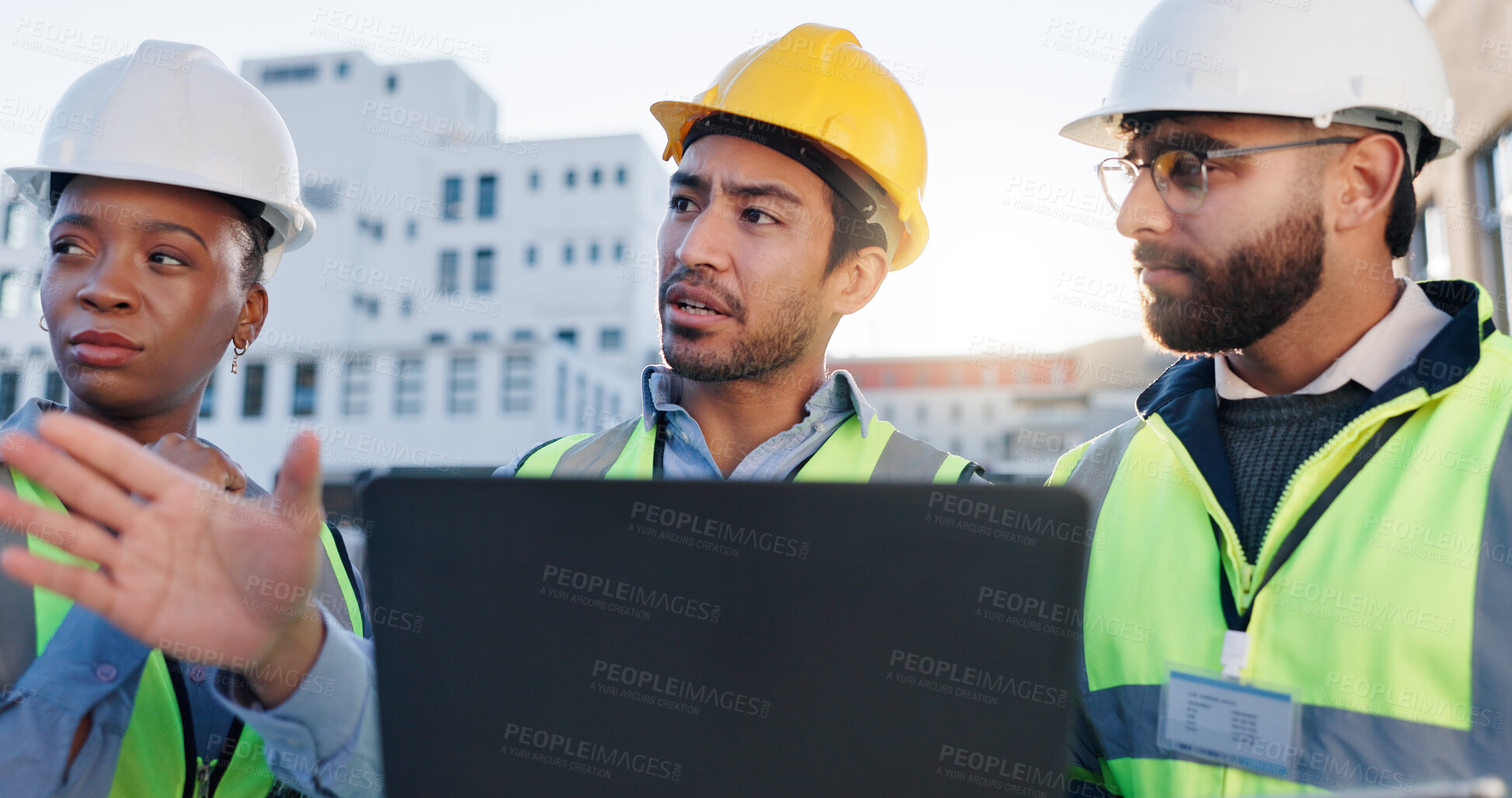 Buy stock photo Laptop, group and construction engineers on site for city planning, maintenance or repairs. Discussion, contractor and team of civil employees with technology for renovation approval on town rooftop.