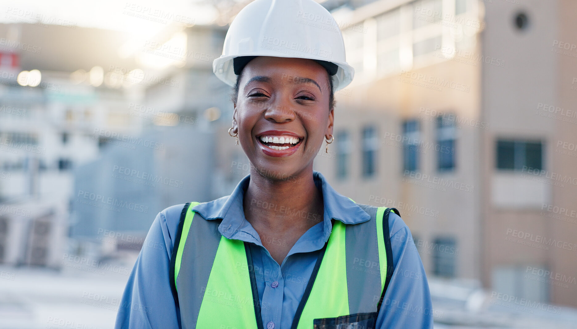 Buy stock photo Construction worker, rooftop and black woman portrait with architect and happy from success. Architecture, civil engineering and smile in city with quality and safety inspection work in Brazil