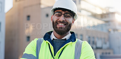 Buy stock photo Construction worker, rooftop and man portrait with architecture and urban planning with success outdoor. Architect, civil engineering and smile in city with quality assurance work on site in Canada