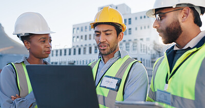 Buy stock photo Laptop, engineering and construction team on site for city planning, maintenance or repairs. Discussion, contractor and group of civil employees with tech for renovation approval on town rooftop.