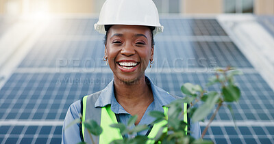 Buy stock photo Black woman, engineer and plant with solar panel for eco friendly, environment and sustainable future in city. Portrait, innovation and affirmative action with smile or renewable energy in Nigeria