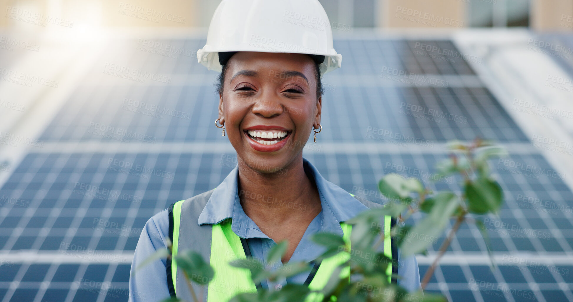 Buy stock photo Black woman, engineer and plant with solar panel for eco friendly, environment and sustainable future in city. Portrait, innovation and affirmative action with smile or renewable energy in Nigeria