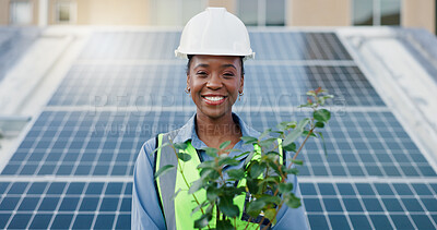 Buy stock photo Black woman, portrait and plant with solar panel for eco friendly, environment and sustainable future in city. Engineer, innovation and affirmative action with smile or renewable energy in Nigeria