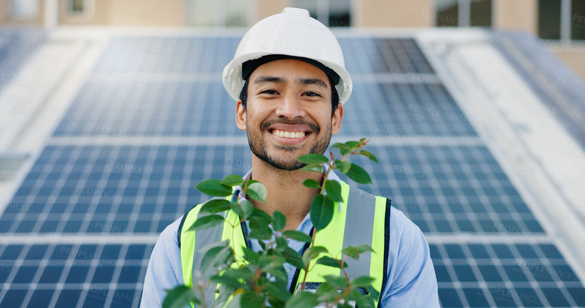 Buy stock photo Asian man, portrait and plant with solar panel for eco friendly, environment and sustainable future in city. Engineer, innovation and infrastructure with smile or renewable energy in Malaysia