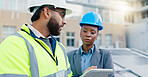 Tablet, planning and construction team on rooftop site for city architecture, renovation or building project. Digital technology, engineering and industrial employees with maintenance check in town.