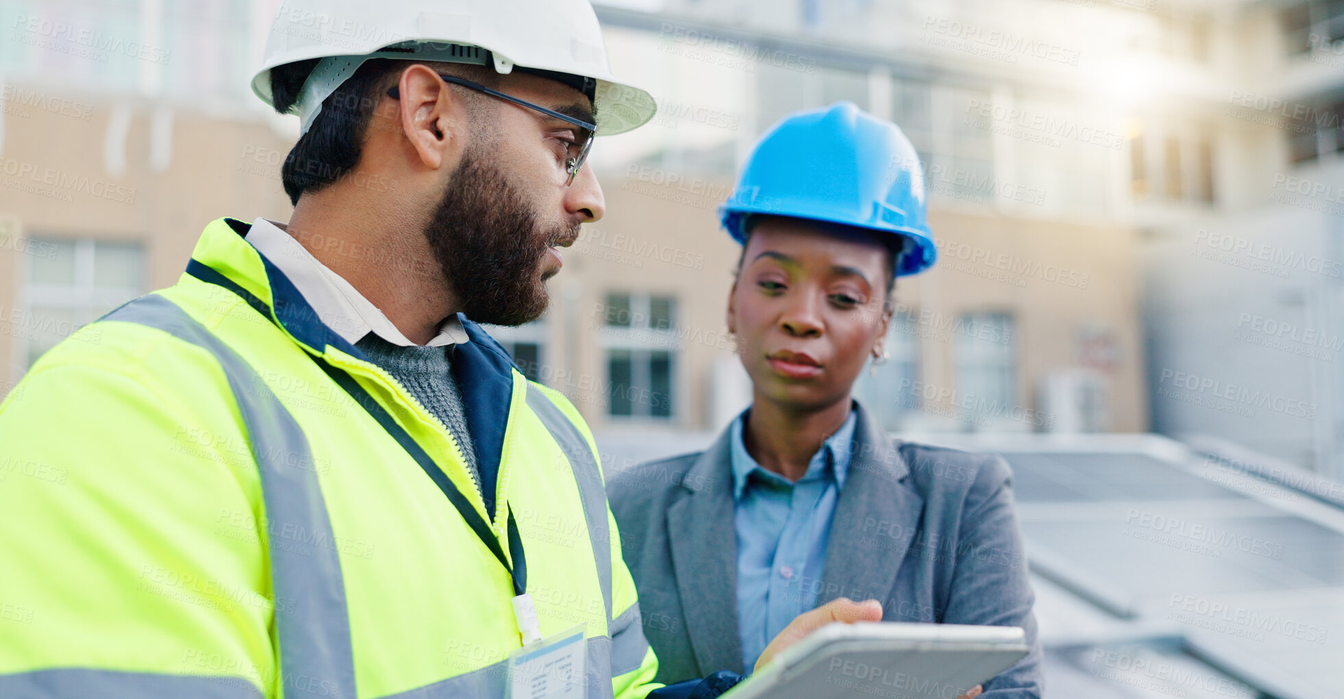 Buy stock photo Tablet, planning and construction team on rooftop site for city architecture, renovation or building project. Digital technology, engineering and industrial employees with maintenance check in town.