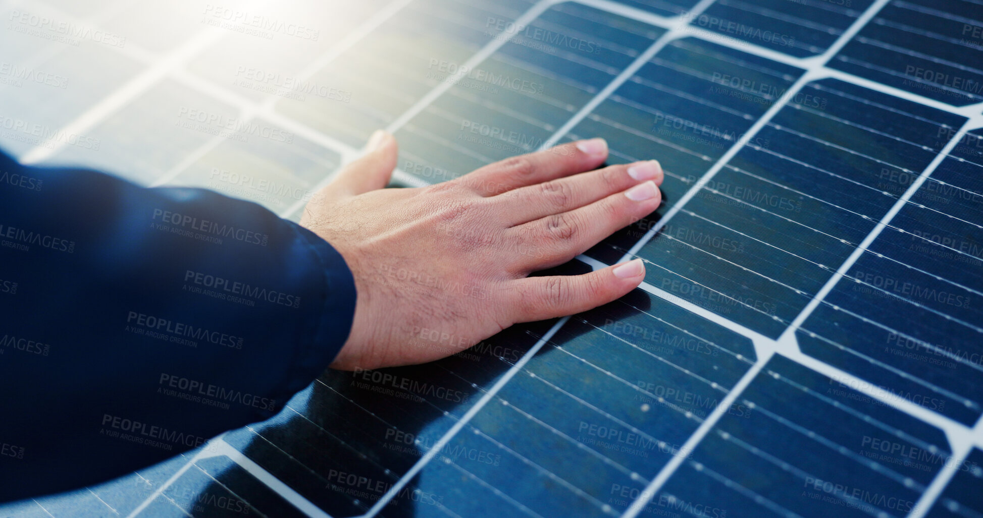 Buy stock photo Solar panel, person and hand with light for renewable energy, alternative power or photovoltaic system. Closeup, electrician and electrical heat grid with ray for eco friendly resource or electricity