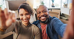 Happy couple, portrait and keys in apartment for selfie, smile or excited for purchase or property. African, people or moving by boxes in new house, real estate or mortgage with social media picture