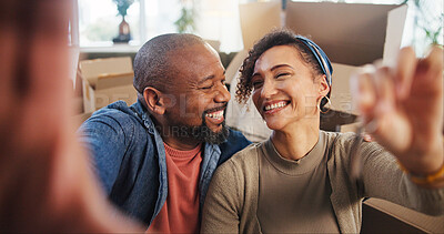 Buy stock photo African couple, excited and keys in new house for selfie, goal or loan for purchase or property. Investment, happy people or moving in apartment, real estate or mortgage with social media picture