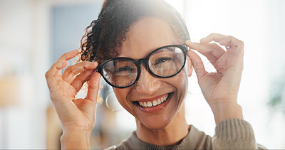 Buy stock photo Frame, portrait or happy woman with glasses for eye care, modern style or product on prescription. Face, smile or confident customer holding spectacles in clinic for size, vision or lens in France