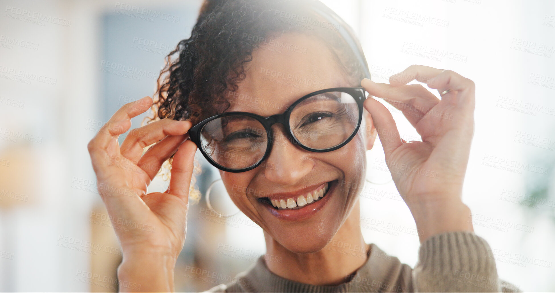 Buy stock photo Frame, portrait or happy woman with glasses for eye care, modern style or product on prescription. Face, smile or confident customer holding spectacles in clinic for size, vision or lens in France