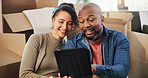Moving, tablet and planning with couple in new house for home renovation, digital layout or mortgage. Happy, Interior design, property investment and boxes with man and woman for real estate purchase