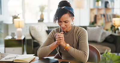 Buy stock photo Woman, home and praying with bible for religion or spiritual guidance, belief and knowledge. Female person, grace and Christian with scripture on holy book for worship, gratitude and faith or peace