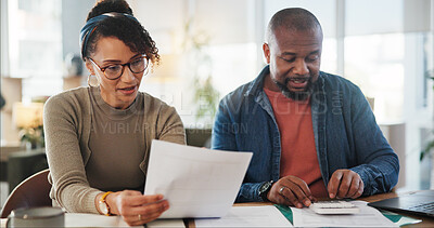 Buy stock photo Financial documents, calculator and African couple with planning, paper and household budget in home. Bills, cost or people reading profit report for accounting of investment growth, taxes or salary