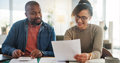 Buy stock photo Financial documents, calculator and happy African couple with planning, paper and household budget in home. Bills, taxes or people reading profit report for accounting of investment growth or salary