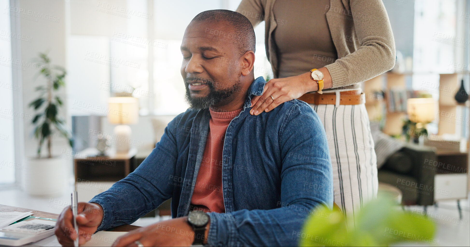 Buy stock photo Couple, relax and massage shoulders in home with remote work, support and stress relief of deadline pressure. People, body care and physical therapy in lounge for tension, burnout and satisfaction