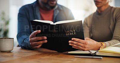 Buy stock photo Couple, people and hands with reading bubble for religious or spiritual guidance, belief and knowledge. Relationship, love and Christians with scripture or verse on holy book to worship at home