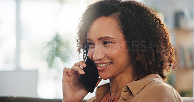 Buy stock photo Sofa, happy woman and thinking with phone call for conversation, listening and connection with contact. Home, female person and smile with cellphone for answer, discussion and laughing at mobile joke