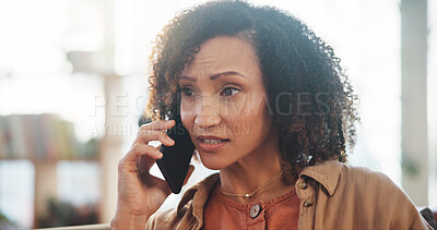 Buy stock photo Couch, woman and sad with phone call for conversation, listening and argument with contact. Home, female person and thinking with cellphone for answer, discussion and disagreement with mobile partner