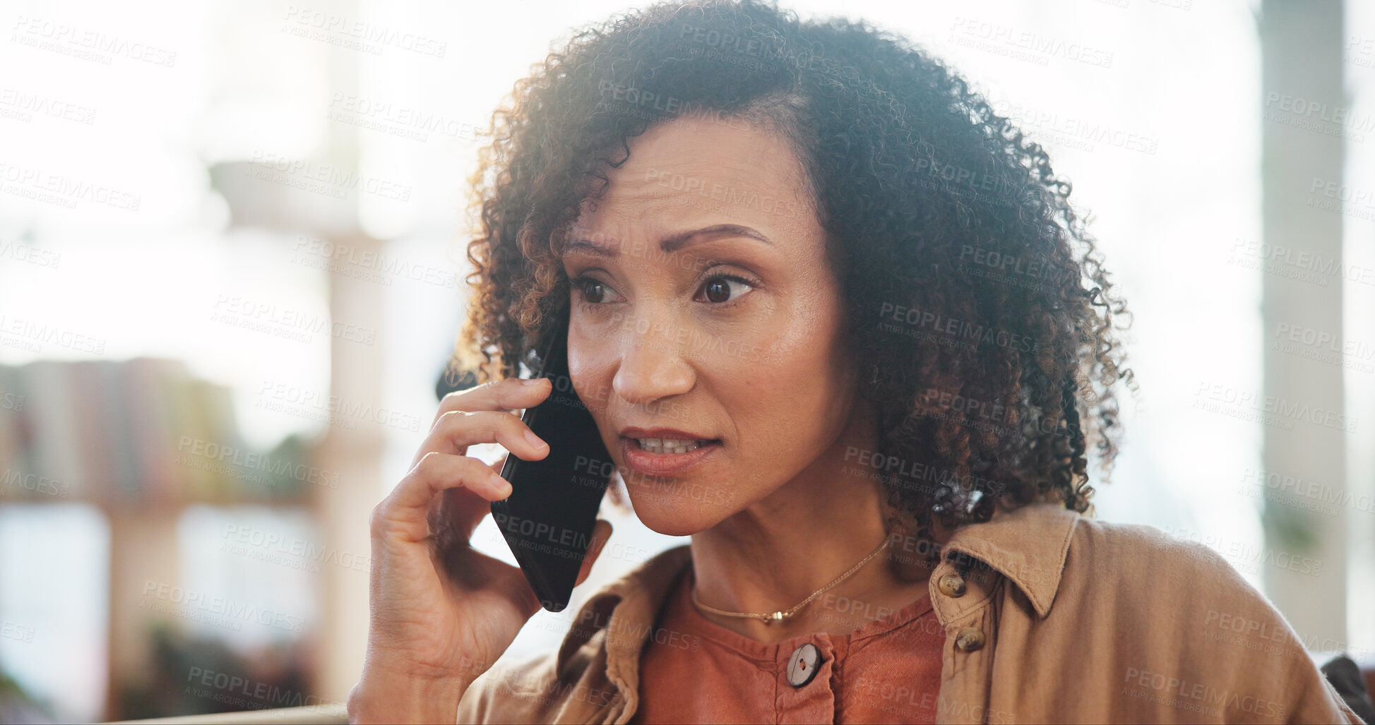 Buy stock photo Couch, woman and sad with phone call for conversation, listening and argument with contact. Home, female person and thinking with cellphone for answer, discussion and disagreement with mobile partner