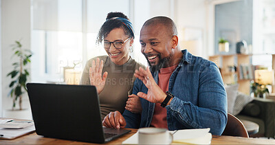 Buy stock photo Couple, wave and laptop in home for video call, hello or communication on internet. People, happy or tech in living room for contact, connectivity or live streaming at table for distant family update