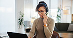 Virtual assistant, headset and woman on laptop in home office for customer service, support or remote work. Freelancer, microphone and call center agent on computer for crm, listen or lead generation