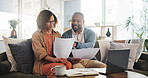 Home, documents and old couple with laptop, budget and financial planning. Apartment, man and woman with paperwork, economy or retirement fund with internet, connection and pc with taxes in lounge