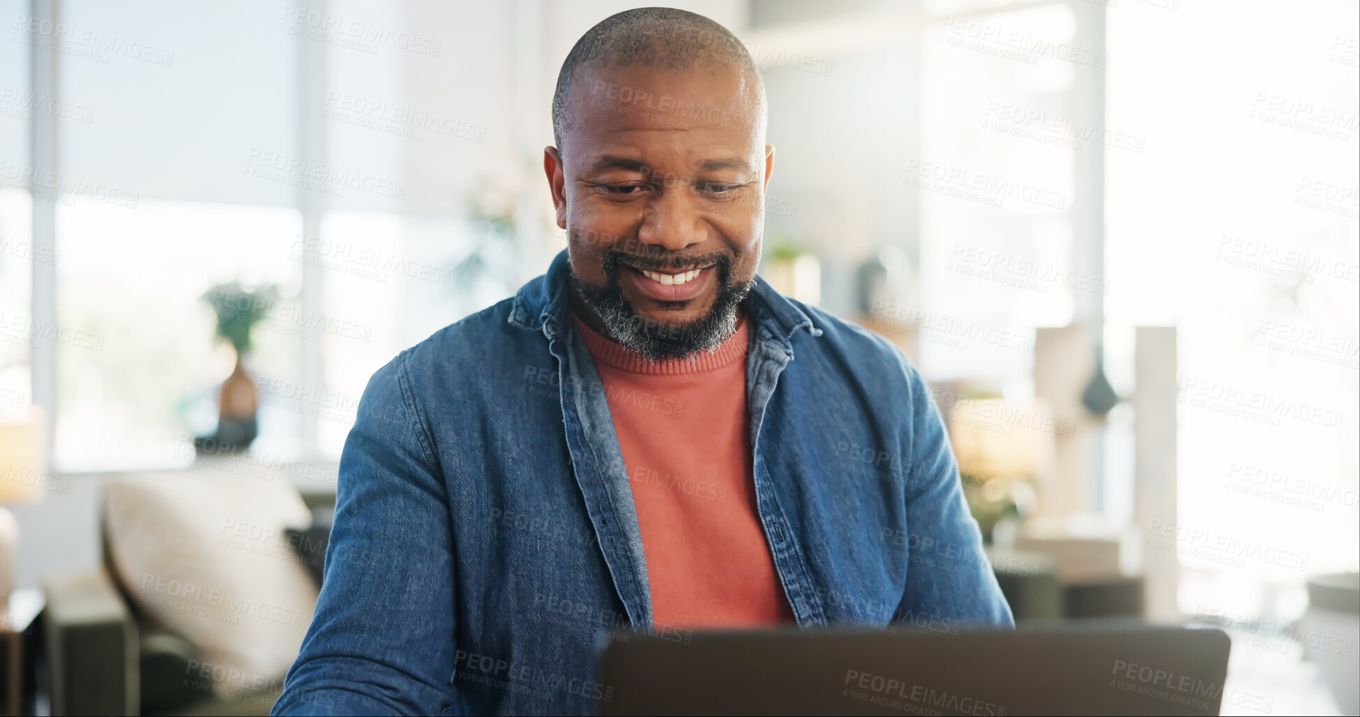 Buy stock photo Home, black man and discussion with laptop for video call, online meeting and feedback for project. House, mature person and remote work with digital for virtual workshop, training or business update