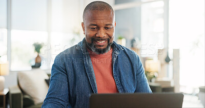 Buy stock photo Home, black man and connection with laptop for video call, online meeting and feedback for project. House, mature person and remote work with digital for virtual workshop, training or business update