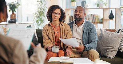 Buy stock photo Financial advisor, worry and mature couple on sofa for estate planning, debt concern or tax liability. Documents, life insurance and retirement paperwork with people at home for investment loss