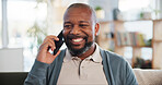 Couch, black man and smile with phone call for conversation, listening and connection with contact. Home, mature person and thinking with cellphone for answer, discussion and laughing at mobile joke