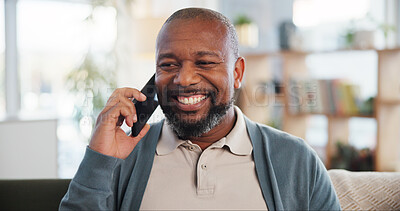 Buy stock photo Couch, black man and smile with phone call for conversation, listening and connection with contact. Home, mature person and thinking with cellphone for answer, discussion and laughing at mobile joke