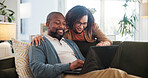 Couple, laptop and relax in house for decision, movie and bonding on sofa with subscription service. Man, woman and chill in living room for film search, love and streaming with remote control click