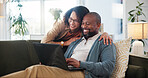 Laptop, relax and couple on sofa in home for research on holiday planning with flight ticket. Computer, living room and mature man and woman reading online review for hotel booking with travel.