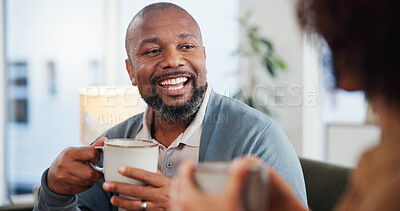 Buy stock photo Relax, love and coffee with mature couple on sofa for bonding, marriage and romance. Happiness, calm and health with people drinking in living room of home for tea, communication and comfort together