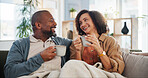 Relax, smile and coffee with mature couple on sofa for bonding, marriage and romance. Happiness, calm and health with people drinking in living room of home for tea, communication and comfort