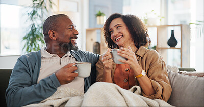 Buy stock photo Relax, smile and coffee with mature couple on sofa for bonding, marriage and romance. Happiness, calm and health with people drinking in living room of home for tea, communication and comfort