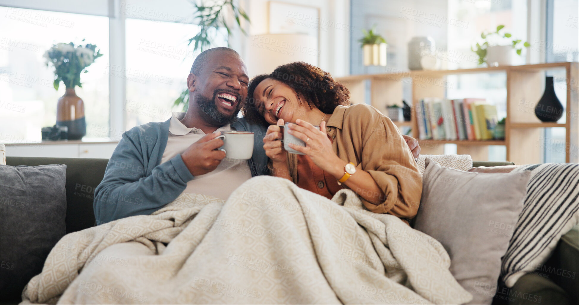 Buy stock photo Laugh love and coffee with mature couple on sofa for bonding, marriage and romance. Happiness, calm and health with people drinking in living room of home for tea, communication and comfort together