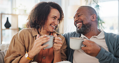 Buy stock photo Relax, laugh and coffee with mature couple on sofa for bonding, marriage and romance. Happiness, calm and health with people drinking in living room of home for tea, communication and comfort