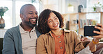 Mature couple, selfie and smile on sofa in home with hug, bonding and love with photography in lounge. Man, woman and happy on couch for profile picture, memory or post on social network in apartment
