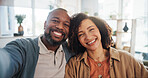 Couple, happy and hug in house for selfie, love and bonding on sofa with connection, comfort and face. Man, woman and portrait in living room for weekend, care and support with memory on social media